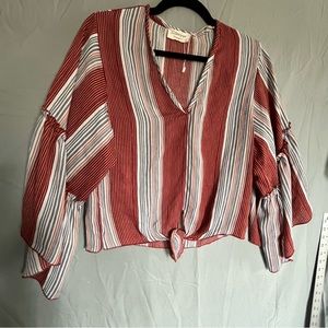 Lavender Field Womens S Blouse Maroon Blue White Tan Stripes Tie Waist Boho